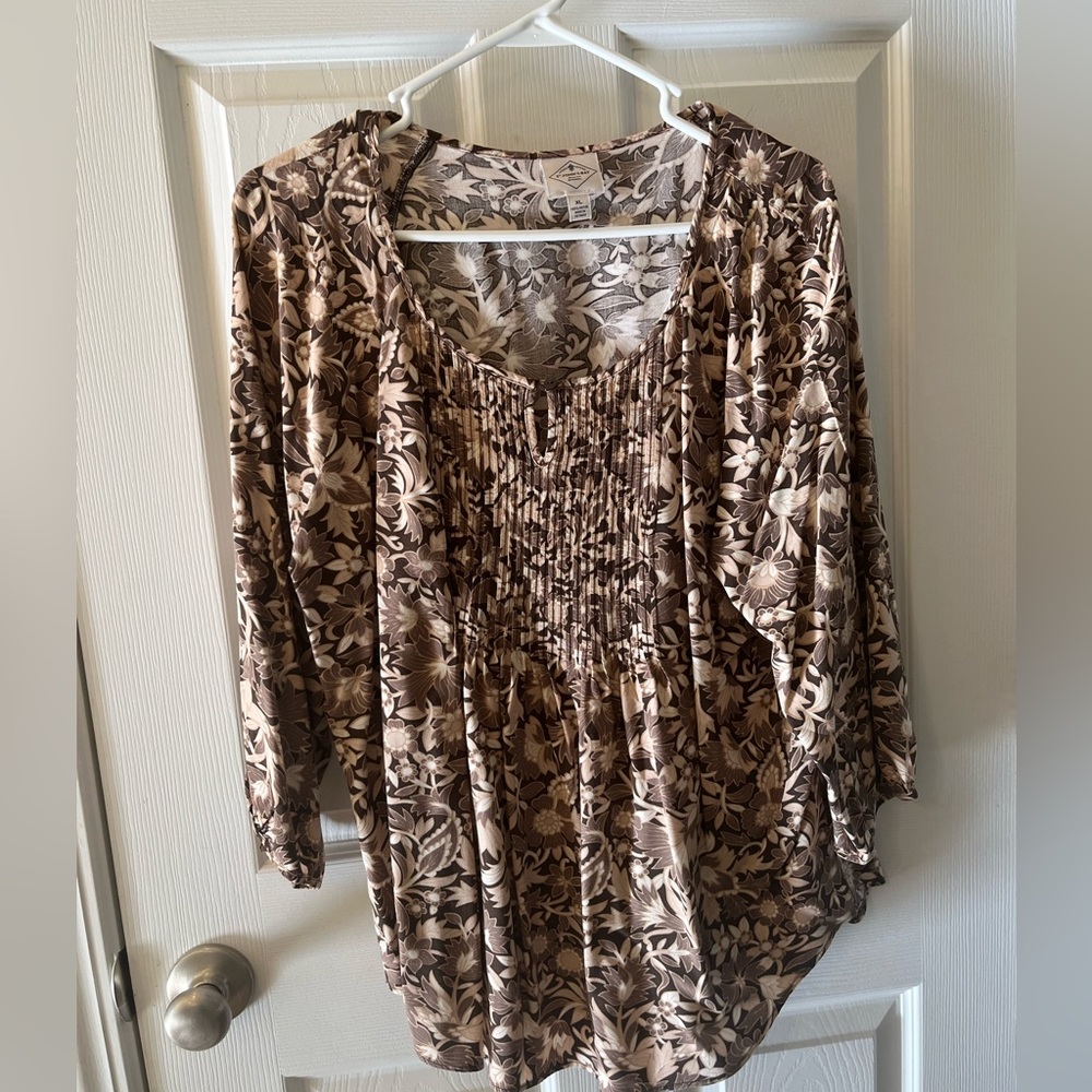 St Johns Bay Women’s 3/4 X-Large Brown/Tan Floral Print Blouse